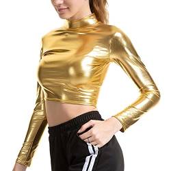 inlzdz Damen Metallic T-Shirt Langarm Kurzes Top Glänzend Langarmshirt Bauchfrei Bluse Top Stehkragen Shirts Oberteile Glitzer Pullover Party Club Kleidung Gold S von inlzdz