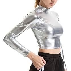 inlzdz Damen Metallic T-Shirt Langarm Kurzes Top Glänzend Langarmshirt Bauchfrei Bluse Top Stehkragen Shirts Oberteile Glitzer Pullover Party Club Kleidung Silber L von inlzdz