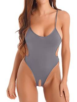 inlzdz Damen Ouvert-Body Overall Offen Schritt Mesh Stringbody Catsuit High Cut Einteiliger Badeanzug Monokini Bodysuit Rückenfrei Erotik Dessous Nachtwäsche Reizwäsche Grau One Size von inlzdz