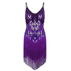 inlzdz Damen Pailletten Tanzkleid Fransen Ballkleid Ballsaal Samba Rumba Tango Lateinisches Kleider Träger Kleid Flapper Kleid Tanzkostüm Violett One_Size von inlzdz