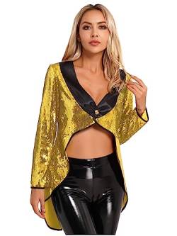 inlzdz Damen Pailletten Zauberer Frack Jacke Smoking Oberbekleidung Frauen Roter Damenfrack Halloween Verkleiden Zirkus Kostüm Gold XXL von inlzdz