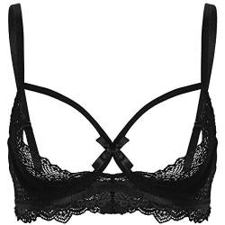 inlzdz Damen Spitze Dessous Bra Transparente Brustrfrei Büstenhebe mit Bowknot Push Up Halbe Tassen Bügel BH Top Clubwear Schwarz A M von inlzdz