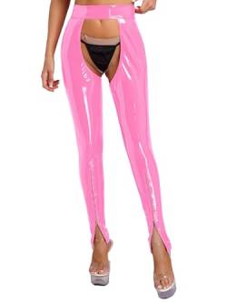 inlzdz Damen Wetlook Leggings Lederhose Glänzend Offen Ouvert-Hose Dessous Strumpfhose Pantyhose Lange Pants Reizwäsche Clubwear Schwarz F Rosa L von inlzdz