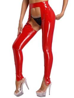 inlzdz Damen Wetlook Leggings Lederhose Glänzend Offen Ouvert-Hose Dessous Strumpfhose Pantyhose Lange Pants Reizwäsche Clubwear Schwarz F Rot 4XL von inlzdz