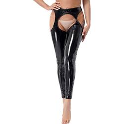 inlzdz Damen Wetlook Leggings Lederhose Glänzend Offen Ouvert-Hose Dessous Strumpfhose Pantyhose Lange Pants Reizwäsche Clubwear Schwarz Schwarz E 3XL von inlzdz