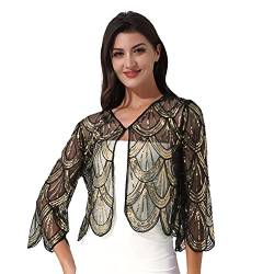 inlzdz Elegante Damen Pailletten Bolero Cardigan Langarm Strickjacke Spitze Kurzes Oberteil Achselzucken Schulterjacke Festlich Crop Top Cocktai Ball Partykleid Gold One Size von inlzdz