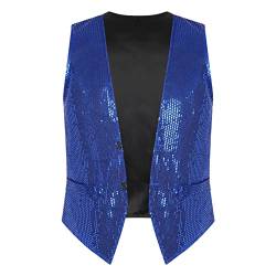 inlzdz Herren Damen Pailletten Weste Anugweste ärmellos Jacke V-Ausschnitt Glitzer Tank Top Slim Fit Oberteil Karneval Fasching Disco Nachtclub Royal Blau XL von inlzdz