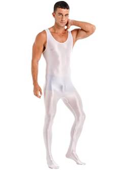 inlzdz Herren Ganzkörper Overall Ärmellos Einteiler Jumpsuit Bodysuit Gymnastikanzug Slim Fit Sportbody Männer Glossy Unterhemd Catsuit Clubwear Weiß XL von inlzdz