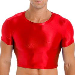 inlzdz Herren Glossy Crop Top Bauchfrei Kurz Oberteil Sportshirt Kurzarm Unterhemd Training Tank Top Glitzer Trainingsshirt Laufshirt Sportbekleidung Bademode Rot L von inlzdz