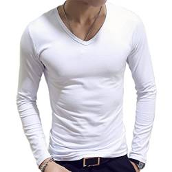 inlzdz Herren Langarmshirt V-Ausschnitt Slim T-Shirt Langarm Unterhemd Sweatshirt Biker Pullover Männer Longsleeve Pulli Bluse Casual Tops Weiß XL von inlzdz