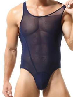 inlzdz Herren Mesh Bodys Stringbody Ultradünne Trikot Bodysuit Tanga Erotik Dessous Transparent Jumpsuit Reizvoll Nachtwäsche Dunkelblau XL von inlzdz