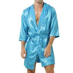 inlzdz Herren Satin Morgenmantel Kimono Bademantel Kurz Nachtwäsche Robe Strickjacke Cardigan mit Kapuze Japanische Pyjamas V Ausschnitt mit Shorts und Gürtel Blau M von inlzdz