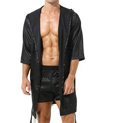 inlzdz Herren Satin Morgenmantel Kimono Bademantel Kurz Nachtwäsche Robe Strickjacke Cardigan mit Kapuze Japanische Pyjamas V Ausschnitt mit Shorts und Gürtel Schwarz L von inlzdz