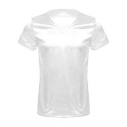 inlzdz Herren Satin Unterhemd Kurzarm T-Shirt V-Ausschnitt Schlafshirt Schlafanzug Nachtwäsche Seide Hausanzug Sleepwear Loungewear Weiß XXL von inlzdz