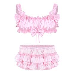 inlzdz Herren Sissy Satin Dessous Set Zwei Stück BH Crop Top Schichtrock Bloomers mit Rüschen Slip Gay Reizwäsche Clubwear Rosa L von inlzdz