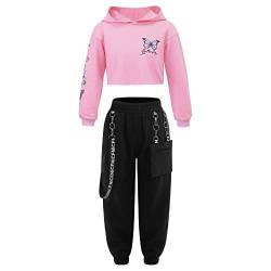 inlzdz Jogginganzug Kinder Mädchen Hip Hop Dance Kleidung Set Hoodie Kapuzenpulli Schmetterling gedruckt Sweatshirt Hose Jogginghose Cargohose für Jazz Tanz Outfits Rosa 122-128 von inlzdz