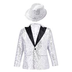 inlzdz Jungen Pailletten Smoking Sakko Jacke mit Hut Gentleman Jacke Smoking Hochzeit Geburtstag Party Outfits Tanzkleidung Performance Party Kostüm Silber 134-140 von inlzdz