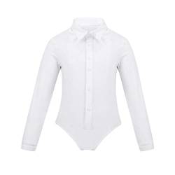 inlzdz Kinder Jungen Hemdbody Bodysuit mit Fliege Langarm Tanzbody Latin Leotard T-Shirt Wickelbody Smoking Body Tanzkostüme Dancewear A Weiß 122-128 von inlzdz