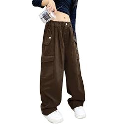 inlzdz Kinder Mädchen Cargohosen Jogginghose Baumwolle Haremshose Trainingshose Cargo Lange Hosen Elastischer Bund Sporthose Sweathose Freizeithose Braun 134-140 von inlzdz