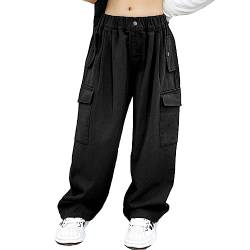 inlzdz Kinder Mädchen Cargohosen Jogginghose Baumwolle Haremshose Trainingshose Cargo Lange Hosen Elastischer Bund Sporthose Sweathose Freizeithose Schwarz 146-152 von inlzdz