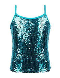 inlzdz Kinder Mädchen Glänzend Tank Top Camisole Glitzer Pailletten Trägertop Unterhemd Tanz Top T-Shirt Rave Party Top Performance Kostüm Gr.110-152 See Blau 146-152 von inlzdz