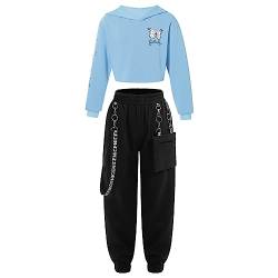 inlzdz Mädchen Hip Hop Kleidung Set Kapuzenshirt Sweatshirt Tanz Tops mit Kapuzen Sweatpants Jogginghose Trainingshose Sportanzug Tanzkleidung Hellblau 158-164 von inlzdz