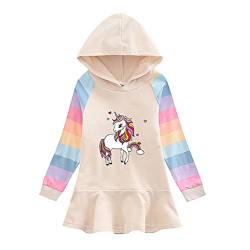 inlzdz Mädchen Kapuzenpullover Kleid Langarm Einhörner Freizeitkleid Hoodie Kapuzenpulli Baumwolle Kinder Sweatshirt Pullover mit Kapuze Basic T-Shirts Kleider Type A Khaki 110-116 von inlzdz