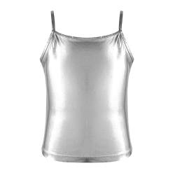 inlzdz Mädchen Metallic Carmisole Spaghetti Trägershirt Glänzende Tank Top Ärmellos Unuterhemd Weste Top Tanzkostüm Silber 146-152 von inlzdz