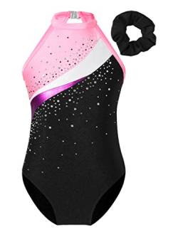 inlzdz Mädchen Turnanzug Ballettanzug Strass Ärmellos Tanz-Body Gymnastikbody Balletttrikot mit Haarband und Shorts Tanzshorts Ballettkleidung Dancewear Rosa 158-164 von inlzdz