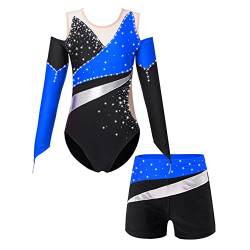 inlzdz Mädchen Zweiteiliger Turnanzug Gymnastikanzug Langarm Turnbody Tanzbody mit Strass Shorts Tanzshorts Kurz Jogginghose Gymnastikbody Ballettkleidung Blau 146-152 von inlzdz