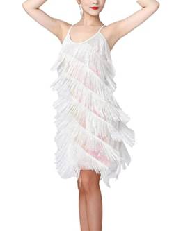 inlzdz Pailletten Fransenkleid Damen Tanzkleid Samba Tango Latein Kleider mit Quaste Spaghettiträger Fransen Kleid Sexy Sommerkleid Wickelkleid Minikleid Kostüm Weiß S von inlzdz