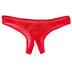 inlzdz Perlen String Damen Spitze Unterwäsche Perlenstring Niedrig-Taille Nahtlose Schlüpfer Sexy Transparente Erotik Dessous Reizwäsche Rot OneSize von inlzdz