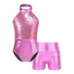 inlzdz Turnanzug Mädchen Pailletten Balletttrikot Turntrikot Kinder Tanz-Body mit Shorts Gymnastikanzug Wettbewerb Performance Tanzkostüm Rosa 122-128 von inlzdz