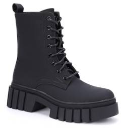 irisaa Chelsea Boots mit Blockabsatz, Damen Stiefeletten Profil Sohle, Winterschuhe Schnürboots Warm Gefüttert 20800, Größe:36, STF Farbe:Schwarz Seil von irisaa