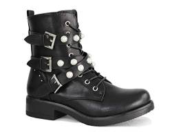 irisaa Damen Stiefeletten Stiefel schwarz mit Strass oder Perlen Schnür Biker Boots, Größe Normal:37, Winterschuhe Farbe 2019:Black von irisaa
