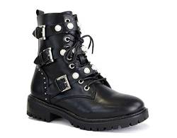 irisaa Damen Stiefeletten Stiefel schwarz mit Strass oder Perlen Schnür Biker Boots, Größe Normal:38, Winterschuhe Farbe 2019:Black Black von irisaa