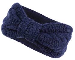 irisaa Damen Stirnband Winter mit Zopfmuster Schleife, Warmer Ohrwärmer Mädchen Haarband Grobstrick gefüttert mit Fleece Thermo Innenfutter, stirnband farbe:Navy Schleife von irisaa