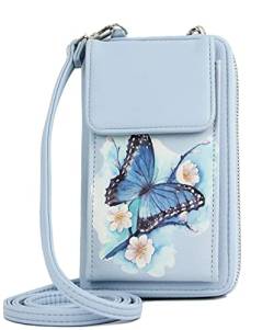 irisaa Kleine Handy Umhängetasche, Geldbörse Damen Brieftasche RFID Schutz Crossbody Handytasche Reisepass mit Kartenfächern und Verstellbarem Schultergurt, Damen Tasche:Blau Schmetterling von irisaa