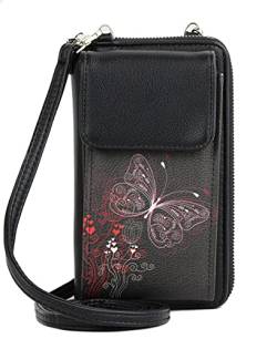 irisaa Kleine Handy Umhängetasche, Geldbörse Damen Brieftasche RFID Schutz Crossbody Handytasche Reisepass mit Kartenfächern und Verstellbarem Schultergurt, Damen Tasche:Schwarz Schmetterlinge von irisaa