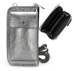 irisaa Leder Damen Handytasche Umhängetasche mit Geldbörse, Echtleder Handy Portemonnaie Tasche Crossbody mit verstellbarem Schultergurt und vielen Kartenfächern, Damen Tasche:Silber Grau von irisaa