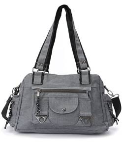 irisaa Schultertasche Damen, Canvas Multifunkionale Umhängetasche, Casual Handtasche mit vielen fächern für Schule Shopping Arbeit, Unisex, DKB Farbe:Grau von irisaa