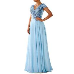 iyoimono Damen Abendkleider Elegant für Hochzeit Cocktailkleid Paillettenkleid Ballkleider Maxilang Damen Elegant Kurzarm Rundhals Vintage Hochzeit Chiffon Faltenrock Langes Kleid(02 Himmelblau,3XL) von iyoimono