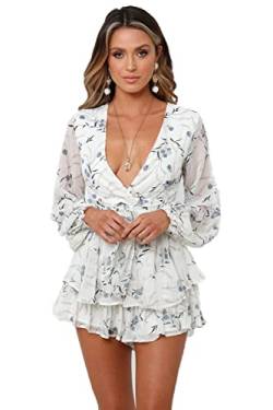 iyoimono Damen Boho Jumpsuit Sommer Blumen Mini Sommer kleider Tüll lange Ärmel V-Ausschnitt Kurz Overall Playsuit(Weiß geblümt,M) von iyoimono