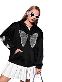 iyoimono Damen Hoodie Jacke Oversize Vintage Reißverschluss Kapuzenjacke Zip Up Kapuzenpullover Butterfly Print Hoodie Sweatshirt mit Kapuze 90er Y2K E-Girl Übergangsjacke(Schwarz,S) von iyoimono