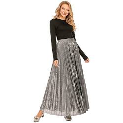 iyoimono Damen Lang A-Linie Plisseerock Maxi Faltenrock Female Maxirock Faltendetail Festliche Röck Strandrock mit Hoher Taille Lange Sommerrock Vintage Rock Goldenes Seiden Rock（Silber，L） von iyoimono