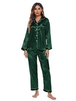 iyoimono Damen Schlafanzug Pyjama Satin Lang Nachtwäsche Set Klassische Loungewear Silk Langen Ärmeln Button-Down Nachtwäsche Hosen Nachtkleid Lingerie Lounge-Mode（6004 Grün，S） von iyoimono