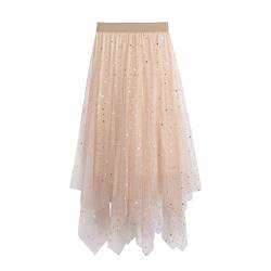 iyoimono Damen Tüllrock Falten Rock Höhe Taille A Line Mesh Freizeit Fashion Skirt Spitze Rock Midi Plisseerock Lässig Frühlingsrock（6806 Elfenbein） von iyoimono