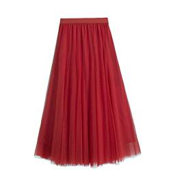 iyoimono Damen Tüllrock Falten Rock Höhe Taille A Line Mesh Freizeit Fashion Skirt Spitze Rock Midi Plisseerock Lässig Frühlingsrock（Rot） von iyoimono