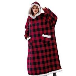 iyoimono Hoodie Decke für DamenHerren Flanell Fleece Oversized Kapuzen Pullover Sweatshirt Kuscheldecke Flauschige Sherpa TV-Decke mit Ärmeln Übergroße Ganzkörperdecke(Rot schwarz Gitter,150cm) von iyoimono