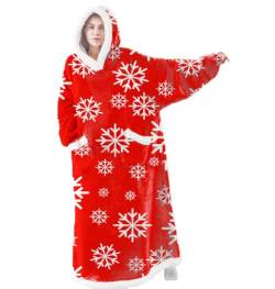 iyoimono Hoodie Decke für DamenHerren Flanell Fleece Oversized Kapuzen Pullover Sweatshirt Kuscheldecke Flauschige Sherpa TV-Decke mit Ärmeln Übergroße Ganzkörperdecke(Rote Schneeflocke,150cm) von iyoimono